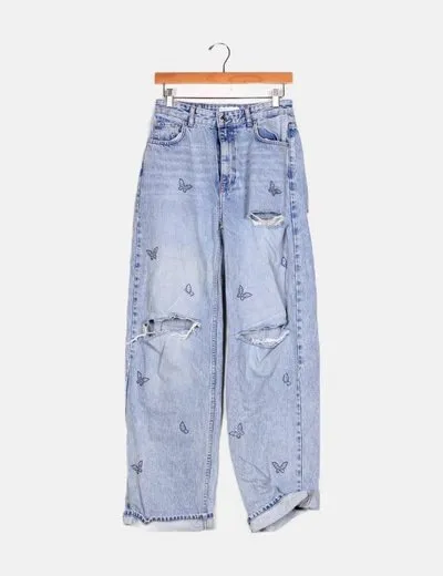 Bershka Jeans denim azul boyriend mariposas strass