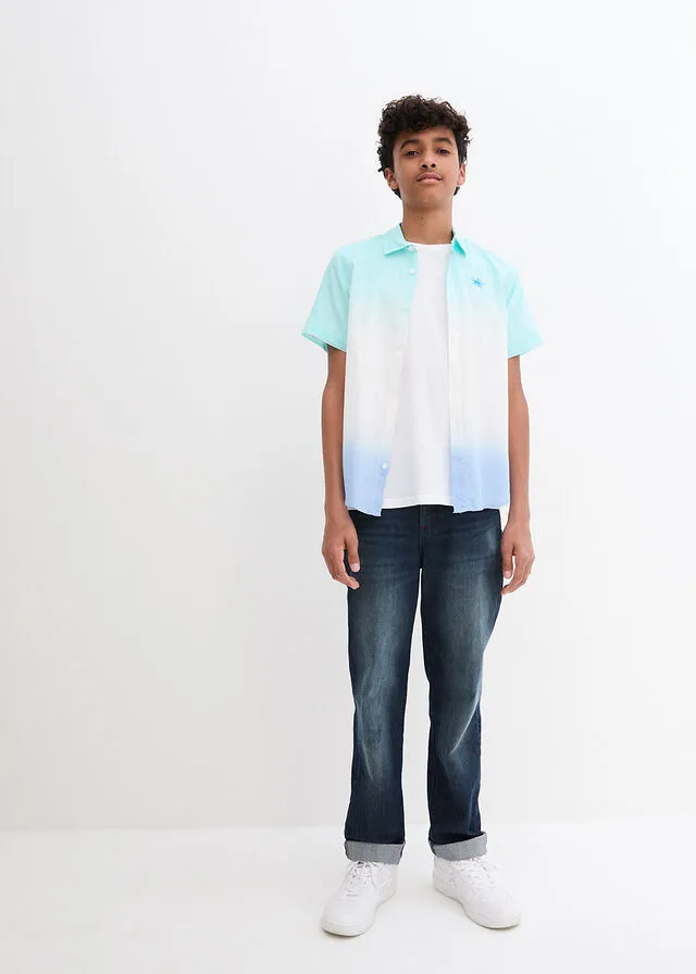 Camisa de manga corta blanco-turquesa-azul provenzal
