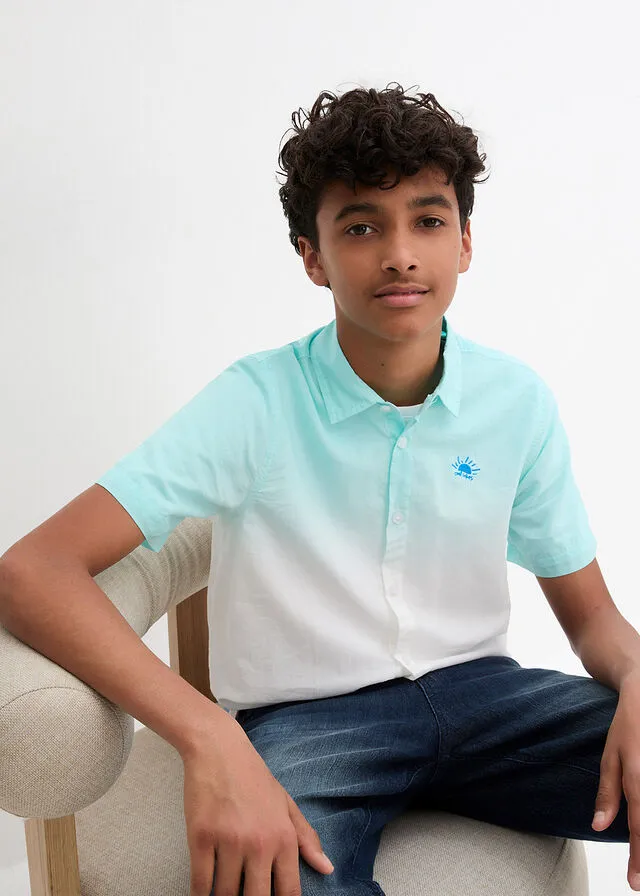 Camisa de manga corta blanco-turquesa-azul provenzal