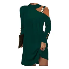 Women Dress Chain Decor One Shoulder Long Sleeve Solid Color Loose Halter Neck Soft Breathable Above Knee Length Mini Dress